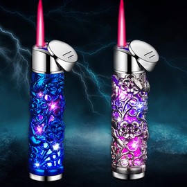 2 Pack Silver Blue Flower Butane Lighter, Fun Jet Torch Lighters Cool,Refillable and Adjustable, Jet Torch Flame Windproof Lighters,BBQ Candles Kitchen,No Gas (Q2)