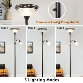 Floor Lamps for Living Room, 70" Floor Lamp Standing Torchiere Lamp with Etched Glass Shade, Metal Pole & Heavy Base, Vintage Tall Corner Lamp Decor for Bedroom, Living Room, Office. No Bulbs (2 Head)