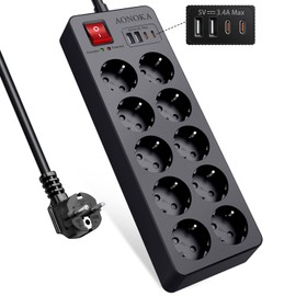 Steckdosenleiste 10-Fach mit USB C,Mehrfachsteckdose Überspannungsschutz,Steckerleiste mit Schalter Wandmontage Mehrfachstecker für Steckdose Kindersicherung USB Steckdosenadapter 1,5m Kabel Schwarz