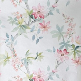Wallquest Off White green tree branches leaves blooming pink flowers botanical Wallpaper - sample 8.5 inches x 11 inches