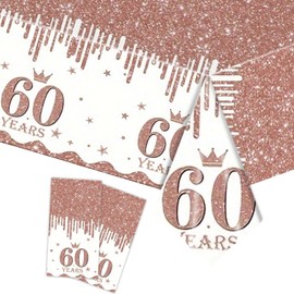 COSORO 2pcs Rose Gold Happy 60th Birthday Table Cloth,137*274cm 60th Tablecloth for Women 60th Birthday Table Decorations,Plastic Tablecloths Table Cover for Adults Her 60th Birthday Decorations