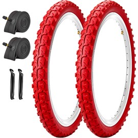 SIMEIQI 2 Pack 18x1.95 Inch Mountain Bike Tires and Tubes White with AV 32mm Valves for Kids Trail Off Road Bicycle Tyres Replacement Compatible for Wheel18/20x1.75/1.95/2.0/2.1 (Red, 18x1.95)