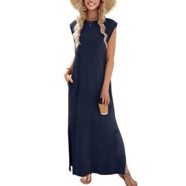 Zeagoo Sundresses for Women 2025 Maxi Crew Neck Dress Sleeveless Summer Dress Casual Tank Long Split Dresses with Pockets Cruise Travel Sun Dresses Blue XL