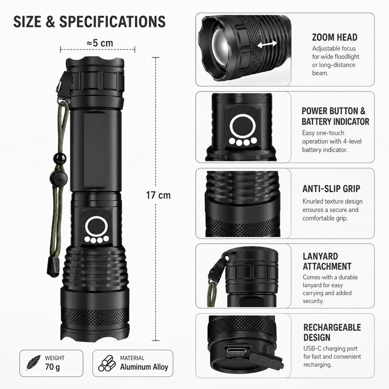 Rechargeable LED Flashlight for Outdoor Use – Aluminum Alloy Zoom