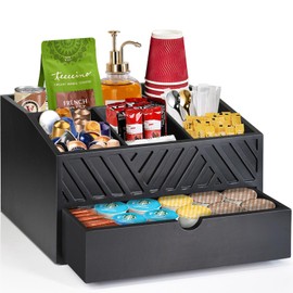 Coffee Bar Organizer Countertop, Wooden Coffee Bar Accessories Organizer With Drawer, Coffee Station Organizer Coffee Pods Holder Storage Basket, Farmhouse Coffee and Tea Condiment Organizer Station