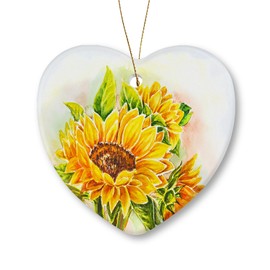 Sunflower Christmas Ornaments Ceramic Christmas Tree Decorations Durable Heart-shape Hanging Ornament 3.22X3.07in