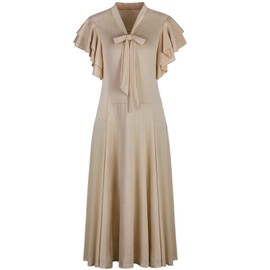 Vijiv Womens Vintage 1920s Evening Gown V Neck Long Bias Cut Sleeveless With Flutter Sleeves Bowknot Roaring 20s Great Gatsby Dresses (Small, Ivory)