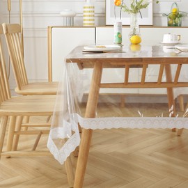 meioro Transparent Tablecloths, Tablecloth Protection, Rectangular Waterproof Table Protector, Lace Table Film, Table Film, Suitable for Indoor and Outdoor Use (Transparent Lace, 150 x 305 cm)