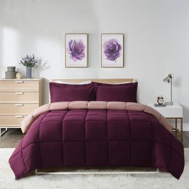 HIG 3pc Plum King Size Comforter Set - All Season Reversible Down Alternative Comforter with Two Shams - Quilted Duvet Insert with Corner Tabs - Box Stitched - Breathable, Soft, Fluffy