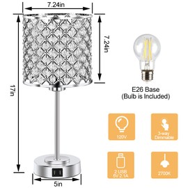 GyroVu Crystal Table Lamp, Crystal Lamp Touch Control with 2 USB Ports - 3 Way Dimmable Bedside Lamp with Bulbs, Crystal Nightstand Lamp Modern Light for Bedroom, Living Room, Bulb Included