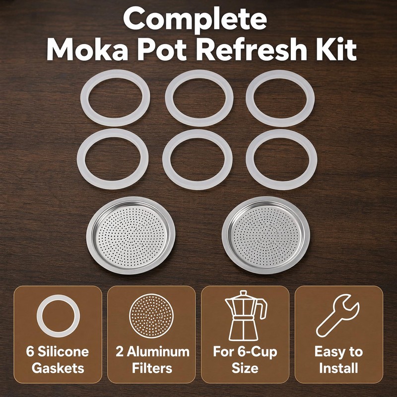 Zickupy 8Pcs Moka Pot Gaskets & Filters for 6-Cup Coffee