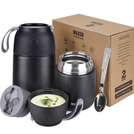 Thermal Container for on the go, 500 ml & 700 ml, Stainless Steel Warming Container with Foldable Spoon, for Food, Baby Food, Soup, Porridge, Yogurt, 2 Insulated Containers in a Set, Black