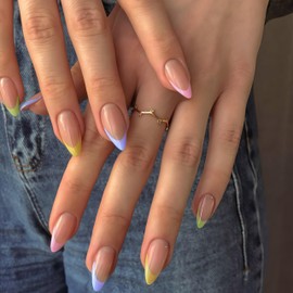 SXVME 24 Pcs Colorful French Tip Press on Nails Medium Almond, Acrylic Fake Nails Press ons, Medium Short Almond Acrylic Natural Nude Glue on Nails for Women, 12 Sizes