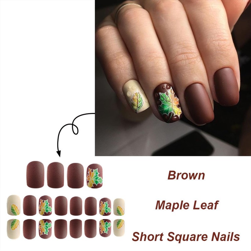 Vopintpy Fall Press on Nails Short Square Thanksgiving Fake Nails
