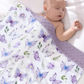 BORITAR Baby Blanket for Girls Soft Plush Minky Fabric, Double Layer Dotted Backing with Elegant Purple Butterfly Pattern Blanket Gift for Toddler Newborn Infant 30 x 40 Inch(75x100cm)