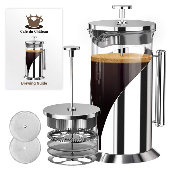 Cafe Du Chateau French Press Coffee Maker (34 oz) - 4 Level Filtration System - Heat Resistant Borosilicate Glass, Stainless Steel