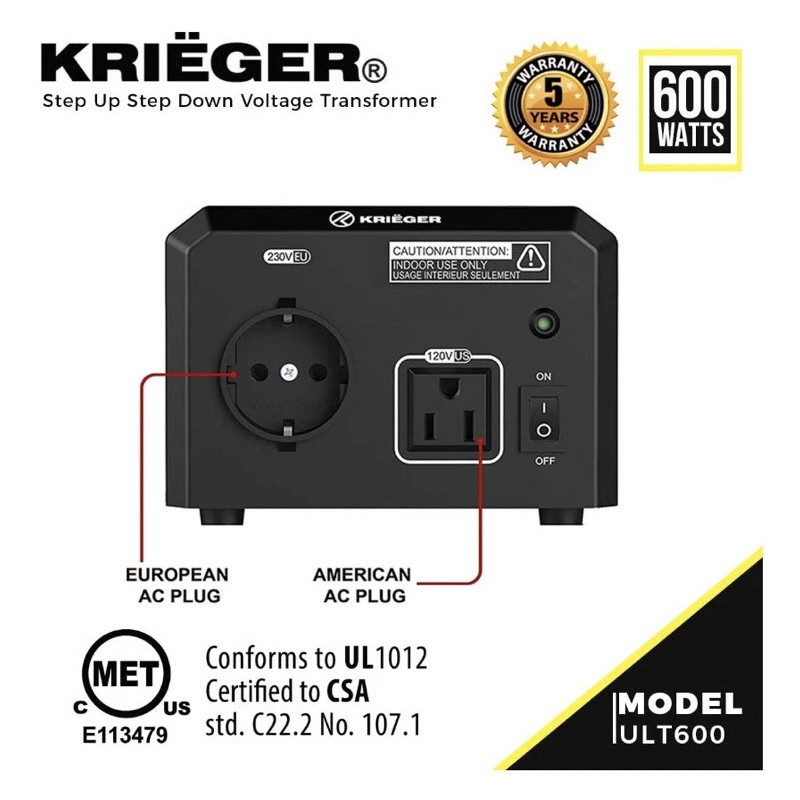 Krieger Kriëger Step Up/Step Down 600W Voltage Converter Transformer 110/120V