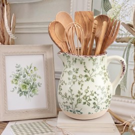 Qinyoung Floral Rustic Kitchen Utensil Holder 7 Inch Ceramic Utensil Holder with Handle Tuscany Vintage Crock Decoration Spatula Organizer for Kitchen Countertop Farmhouse Party Supplies