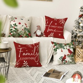 AVOIN colorlife Christmas Cardinal Home Sweet Home Poinsettia Holly Berries Throw Pillow Covers, 18 x 18 Inch Family is Everything Winter Holiday Cushion Case Decoration for Sofa Couch Set of 4