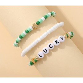QRH St. Patrick's Day Beaded Bracelets Set Stackable Green Beaded Bracelet St. Patrick's Day Clover Letter Charm Lucky Stretch Bracelets Cute Irish Shamrock Holiday Party Jewelry Gifts