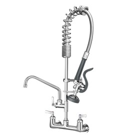 Commercial Kitchen Faucet Heavy Duty Wall Mount Sink Faucet, 8 Inch Center 25 Inch Commercial Kitchen Faucet with Pre-Rinse Sprayer （Grey） and 10 Inch Add-On Spout for 1,2,3 Compartment Sinks