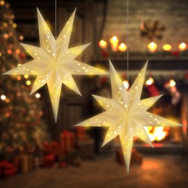 2 Pack 27 Inch Paper Star Lantern, 8 Modes 9-Pointed Star Diwali Hanging Lights, Christmas Decorations Lamp Indoor for Birthday Wedding Party, White