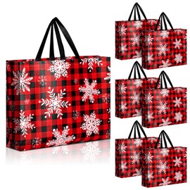 Abbylike 8 Pcs Christmas Gift Bags, 17.7'' x 13.8'' x 3.9'' Christmas Plaid Large Tote Bags with Handles Reusable Christmas Bags Bulk Xmas Grocery Shopping Bags Non Woven Xmas Gift (Red)