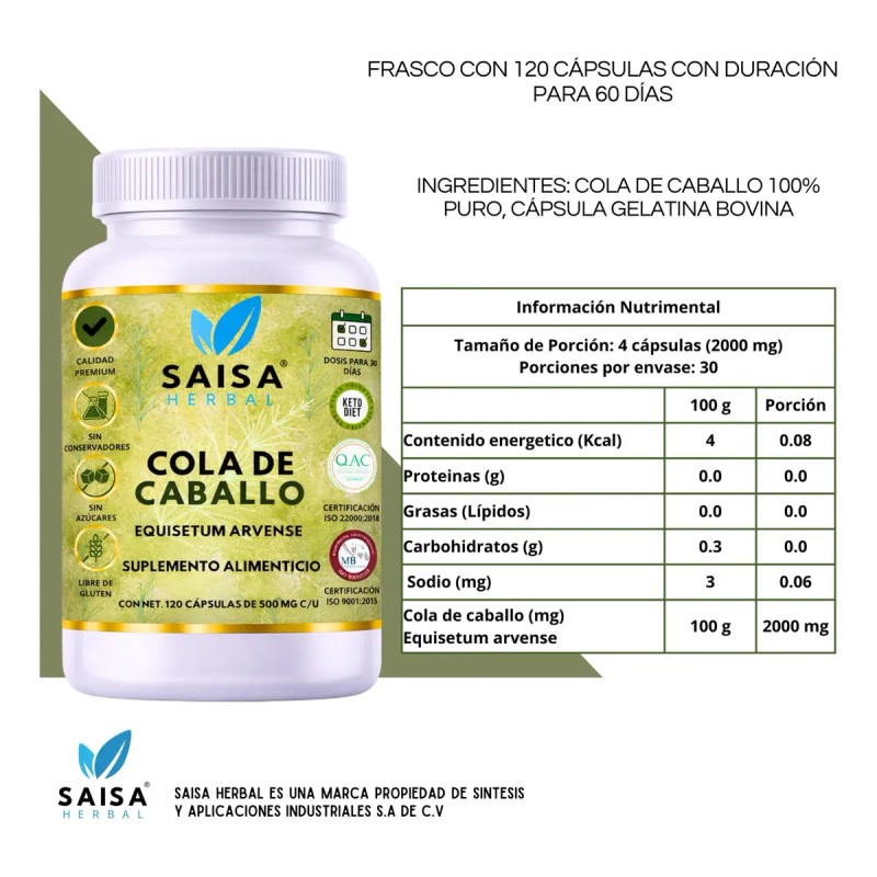 Cola Caballo Orgánica 500 Suplemento Alimenticio Diuretico Natural Retención Liquidos