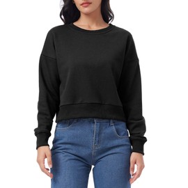Amazhiyu Women's Cropped Sweatshirt French Terry Crew Neck Long Sleeve Pullover Black, Medium