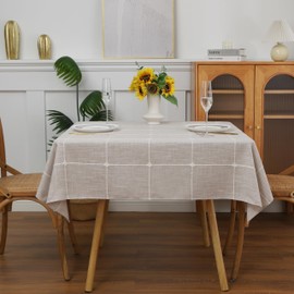 Gernaice Plaid 70x70 Inch Square Tablecloth, Farmhouse Embroidered Fabric Checkered Table Cloth, Dust Proof Wrinkle Free Washable Table Cover for Party Kitchen Dining Picnic, Brown