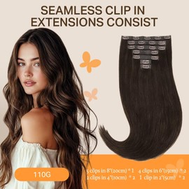 DOORES Clip in Human Hair Extensions, Light Dark Brown 80g 7pcs 12 Inch, Human Hair Extensions Seamless Remy Wefts Straight Thick Weft for Women