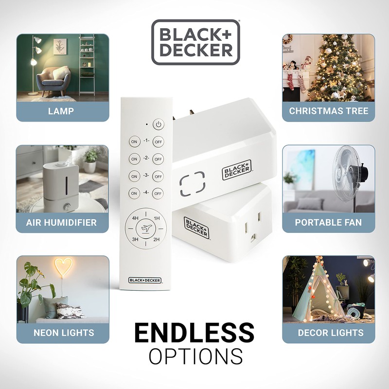 BLACK+DECKER Wireless Remote-Control Outlet Timers, Pack of 2 Grounded Outlets,