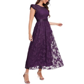 DEARMSROSE Women's Casual Tulle Midi Dress Ruffle Sleeve Crewneck Lace Flowy Dresses Party Wedding Guest Sundress（Medium,Deep Purple）