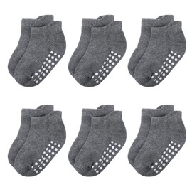 Jealkip - Paquete de 6 calcetines para bebé, calcetines antideslizantes de algodón para niños, calcetines de tobillo con agarre antideslizante, para niños, niñas, Gris, 0-6 Meses