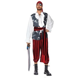 EraSpooky Men’s Pirate Costume 6PCS Skull Vest, Shirt, Belt, Bandana, Eye Patch & Pants