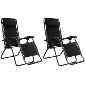 Zero Gravity Chair Outdoor Porch Patio Recliner Seats Comfortable Adjustable Padded Headrests Durable Textilene Fabric Adjustable Backrest w/ Dual Finger Tip Locking System - Set of 2 Black #1941