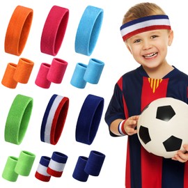 18 Piece Kids Sweatbands Sports Wristbands Headbands Set Colorful Terry Cloth Wristband Sweatband Headbands Sweat Absorbing Head Band for Basketball Soccer Running Outdoor Sports Activities