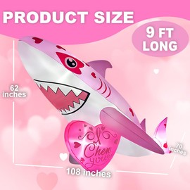 9FT Long Giant Inflatables Pink Shark with I Chew You Heart Decorations Built-in LED Lighted Blow Up Decoration Home Yard Outdoor Indoor Garden Lawn Decor