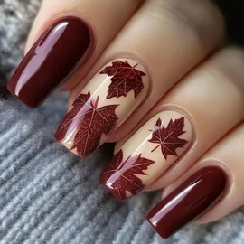 Fall Dark Red Press on Nails, Medium Square Fake Nails, Maple Leaf Designs False Nails, Acrylic Nail for Women Autumn Manicure Full Cover Glue on Nail 24 Pcs