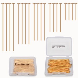 MICROAMOY 150 pines de cabeza plana con relleno de oro de 18 quilates, no se deslustran, para manualidades, pulseras, accesorios para hacer joyas, suministros (30 mm, pin de cabeza plana dorado)