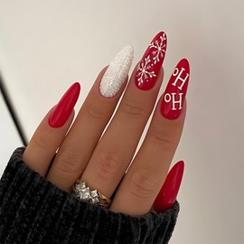 Christmas White Snowflake Fake Nails Long Almond Xmas Press on Nails Glossy Red Solid Color Acrylic Glue on Nails Winter Artificial Nails for Women Girls