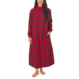 Lanz of Salzburg Sleepwear for Women Classic Long Sleeve Pop Over Neck Soft Flannel Pajama Nightgown - Red Tartan Plaid, X-Small