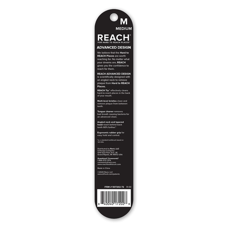 REACH Advanced Design Toothbrush with Toothbrush Cap, Angled Neck, Medium