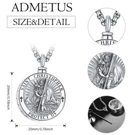 ADMETUS St Christopher Urn Medal Sterling Silver Saint Christopher Urn Necklace for Ashes St Christopher Urn Pendant Necklace Mens Cremation Jewelry Memorial Gifts