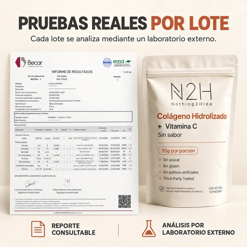 Colágeno Hidrolizado Vitamina C, 500g, Sin Sabor, N2h