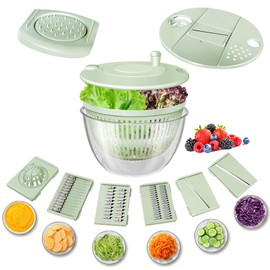 Airpro Salad Spinner Large, Vegetables Fruits Wash Bowl,Lettuce Spinner Pasta and Fries Dryer with 5 Blades,Egg Yolk Strainer Slicer Shredder for Kitchen Colander, 5.3 Qt, Green White
