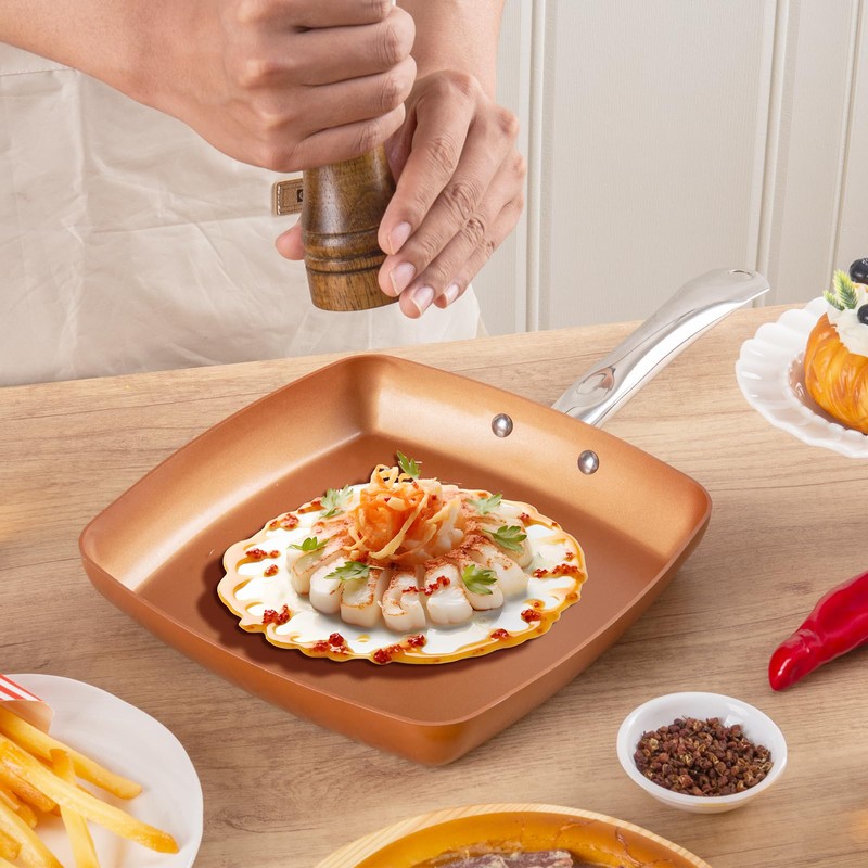 Toutrop Non-Stick Copper Square Frying Pan, 9.5" Chef Skillet with