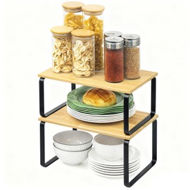 JMLHMXC Cabinet Storage Rack, 2-Piece Kitchen Countertop Shelf, Kitchen Storage Rack, Spice Rack, Stackable, Expandable - Black Legs