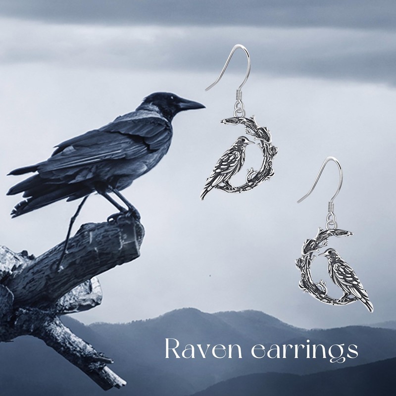 Raven Earrings 925 Sterling Silver Moon Crow Earrings Gothic Jewellery