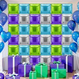 Charnoel 36 Pcs Buzz Birthday Decorations Balloons Brick Square Foil Balloons Wall Backdrop Arch Kit Double Sided Metallic for Cartoon Video Game Party Supplies(Green Purple Blue Silver)